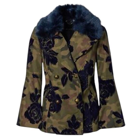 NWT Banana Republic Peacoat Jacket Olive Camo Navy Faux Fur Collar Size XSP New - Picture 1 of 16